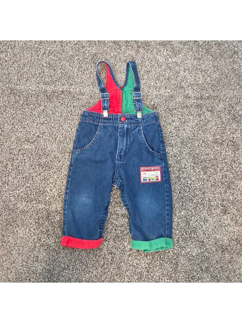 Vtg 1988 OshKosh Bgosh Colorblock Overalls Made USA Fits Em All Bear Patch 24M